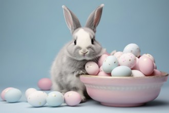 Gray and white bunny with bowl full of pastel colored painted easter eggs in front of blue studio