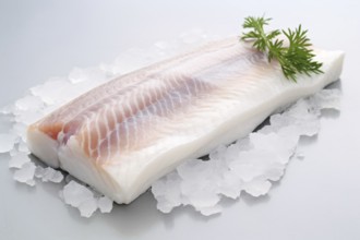 Sea bass fish filet with ice cubes and seasoning herbs. KI generiert, generiert AI generated