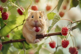 Cute hamster sitting in tree with raspberry fruits. KI generiert, generiert, AI generated