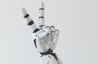 Artificial intelligence robot hand showing peace sign. KI generiert, generiert, AI generated