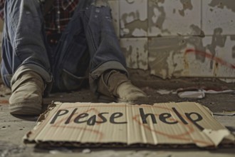 Cardboard sign with text 'Please help' and beggar in street. KI generiert, generiert, AI generated