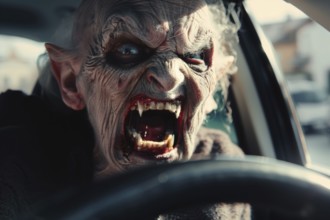 Monster with vampire fangs sits behind the steering wheel, symbolic image for aggressive behaviour