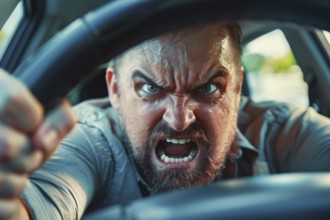 Angry, unnerved, aggressive, screaming man sitting behind the steering wheel, symbolic image for