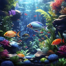 Densely planted aquarium with schools of colorful tetras, AI generated