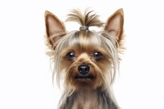 Cute Yorkshire Terrier dog with pigtail hairstyle on white studio background. KI generiert,