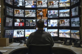 A man sits in a control room with many monitors and monitors various areas in a shopping centre, AI