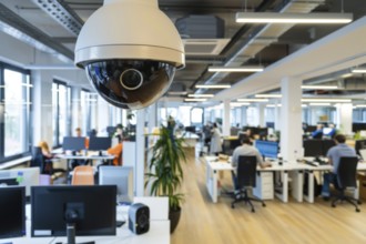 A surveillance camera, CCTV, in an open-plan office, office building, AI generated, AI generated,