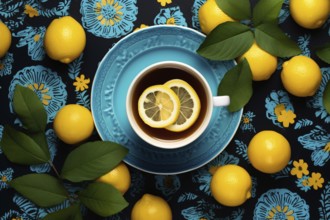 Top view of cup of lemon tea surrounded by fruits. KI generiert, generiert, AI generated