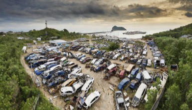 Symbolism, large junkyard with wrecked cars, scrap cars, scrap metal, AI-generated, AI-generated,