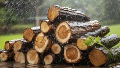 Forestry, timber industry, logs for firewood lying in the rain, AI generated, AI generated