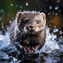 European mink captured mid dive water droplets frozen around, AI generated