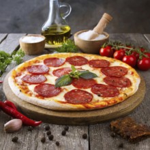 Food, a ready-made pizza with salami, AI generated, AI generated