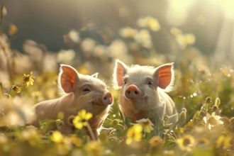 Pair of cute little piglets in grass. KI generiert, generiert, AI generated