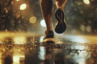 A jogger runs along a road at night in rainy weather, accident risk, risk sport, AI generated, AI