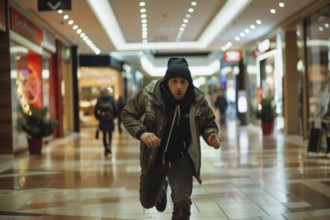 A man on the run, shoplifter with a cap runs through a shopping centre with a focused expression,