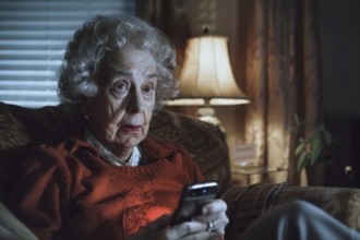 An elderly woman sits in her armchair in her living room and looks at her smartphone, worried,