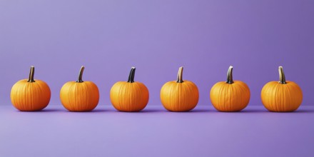 Small orange pumpkins in a row on puprple background. Generative Ai, AI generated