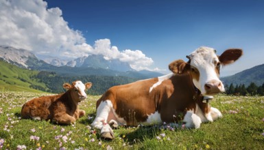 A brown cow and a calf resting on an alpine meadow, Studio, KI generated, AI generated