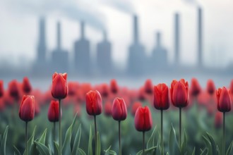 Field with red tulip flowers and factory with grey fumes in background. Generative Ai, AI generated