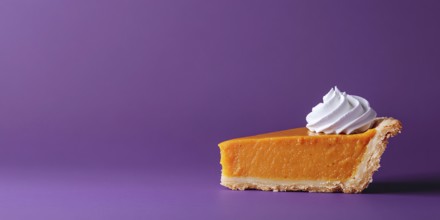 Banner with slice of pumpkin pie with cream on purple violet background with copy space. Generative