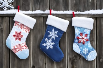 Row of Christmas stockings hanging from a snow-covered wooden fence, with delicate frost patterns