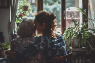 Young affectionate woman taking care of elderly female person at home. Generative Ai, AI generated