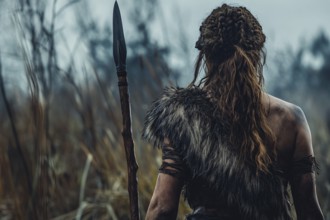 Prehistoric woman in furs hunting with spear. Generative Ai, AI generated