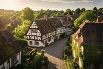 Traditional half timbered house nestled within the heart of a picturesque village in golden hour