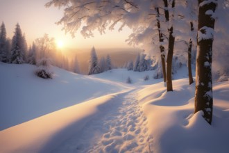 Footprints in fresh snow on a hill with a row of trees in winter in golden sunrise light, AI