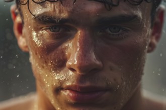 Portrait of sweating man after workout, AI generated