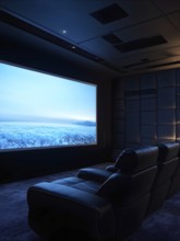 Modern home theater with boasting plush reclining seats elegantly arranged, AI generated