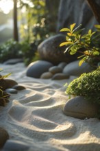 Zen garden bathed in the soft glow of dawn as a serene symbol for relaxation, AI generated