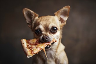 Small Chihuahua dog holding slice of pizza in mouth in front of studio background. Generative Ai,