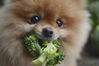 Close up of Pomeranian dog eating raw broccoli vegetable. Generative Ai, AI generated