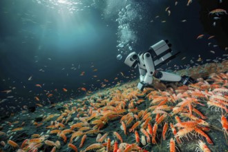 Robot studying swarm of shrimps in deep seabed, AI generated