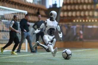 Humanoid robot playing football in a stadium, AI generated