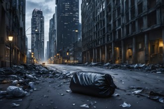 Plastic garbage bag abandoned of a desolate empty city street, AI generated