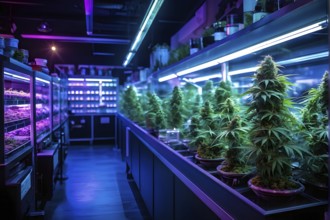 Cannabis dispensary interior with varieties of cannabis plants densely packed, AI generated