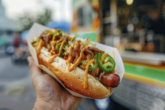 Hand holding hot dog topped with caramelized onions and jalapenos with blurry street food truck in