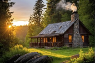 Rustic log cabin nestled in a dense evergreen forest, AI generated