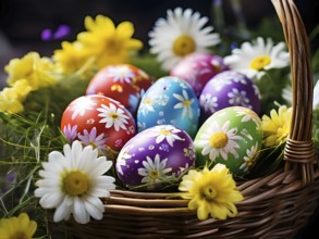 Vibrant-colored Easter eggs in a wicker basket, surrounded by delicate spring flowers, AI generated