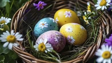 Vibrant-colored Easter eggs in a wicker basket, surrounded by delicate spring flowers, AI generated