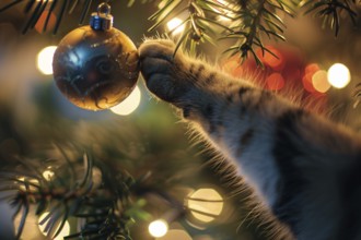 Close up of paw of cat playfully reaching for golden Christmas tree bauble. Generative AI, AI