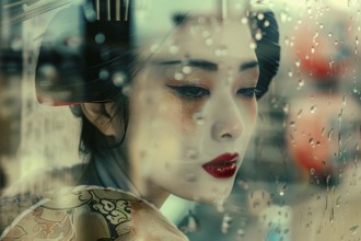 Asian woman with Japanese Geisha style white face makeup and hairstyle behind glass window with