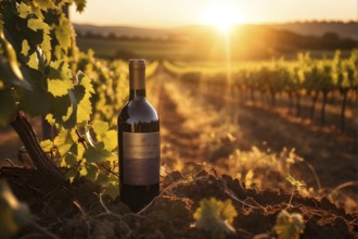 Aged bottle of wine glowing under the low sun with a vineyard in the background, AI generated