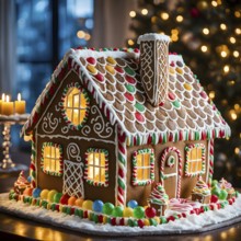 Gingerbread house decorations, focusing on the intricate icing details, colorful candy, and soft,