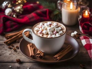 A close-up of a steaming cup of hot cocoa topped with marshmallows, surrounded by cinnamon sticks,