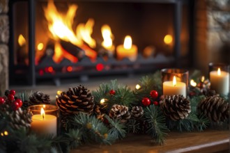 A cozy fireplace mantle decorated with pine cones, garlands, and lit candles, with a close-up focus