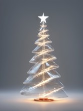 A three dimensional rendering of a futuristic Christmas tree made of glowing, semi-transparent