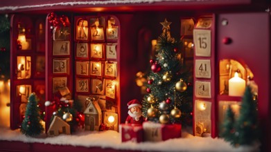 Traditional advent calendar door opening, showing a tiny festive scene inside with miniature